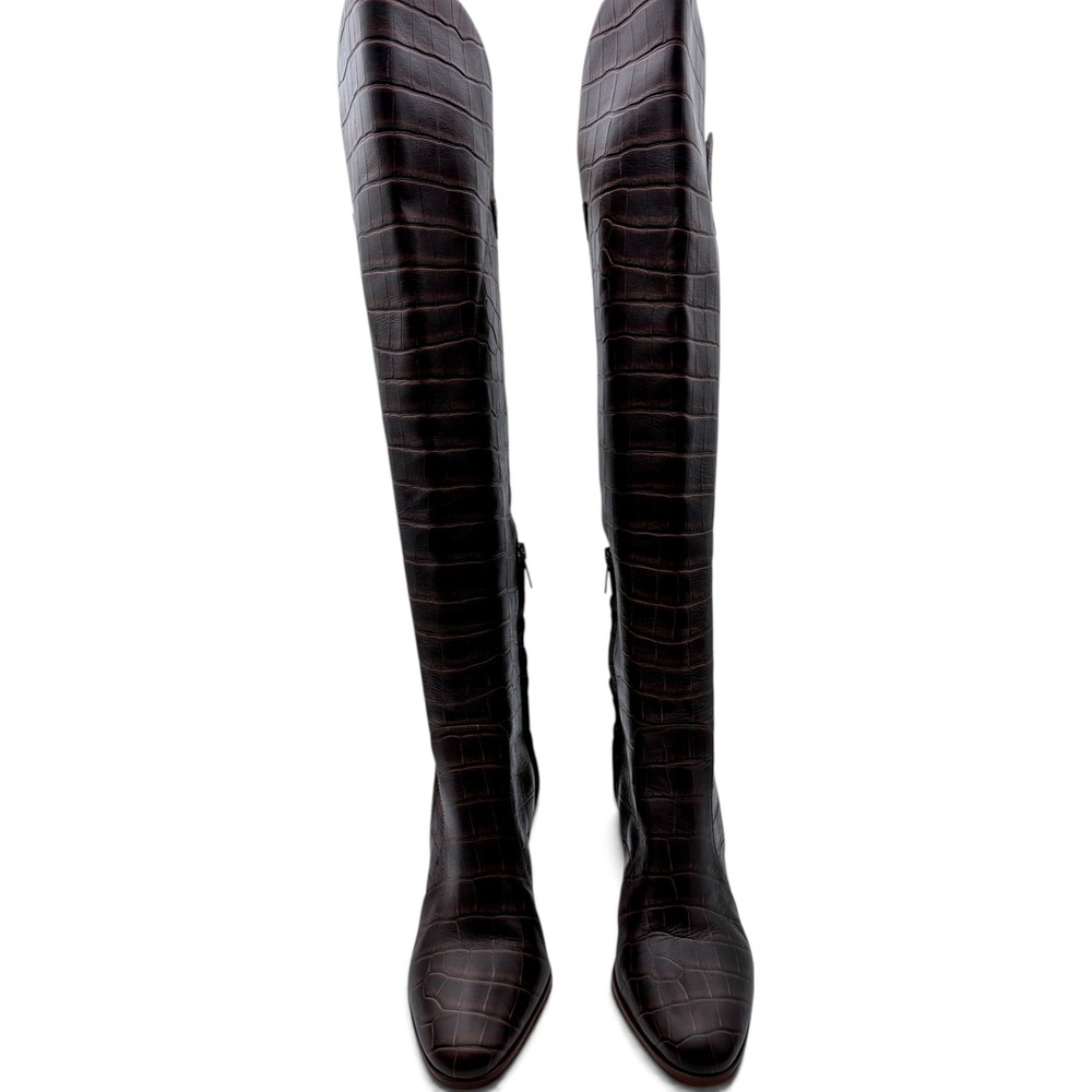 Vince Camuto Brown Croc Embossed Leather Knee High Block Heel Boots Womens 8M